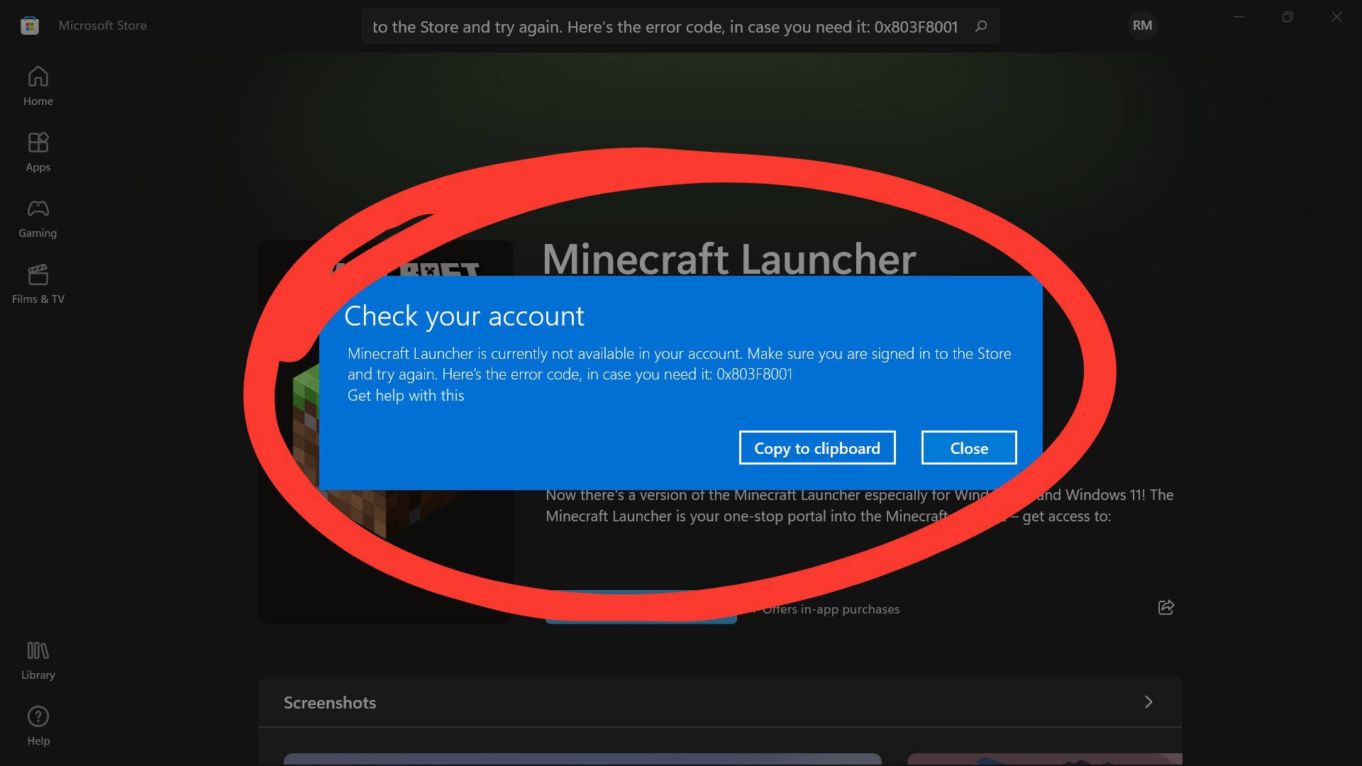 minecraft error code 0x803f8001